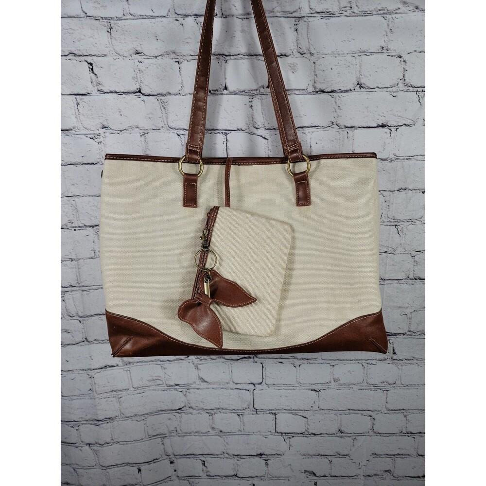 Coldwater Creek Double Handle Canvas Leather Trim Tote Bag Beige Brown 15x10x6